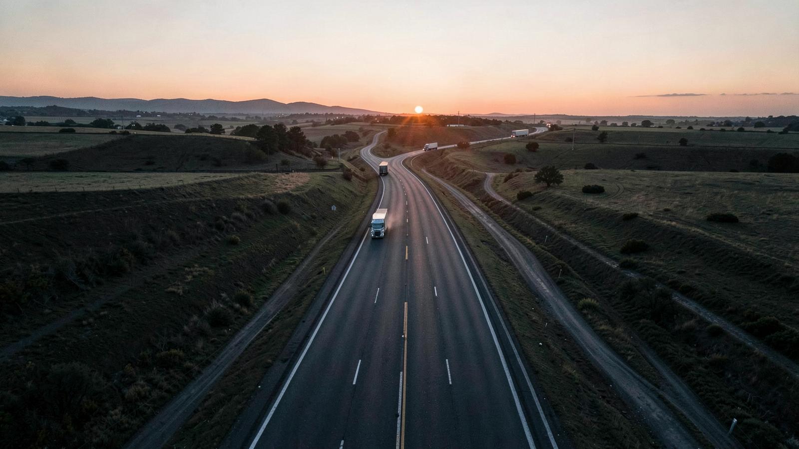 Freight trucks travelling an open highway at sunrise